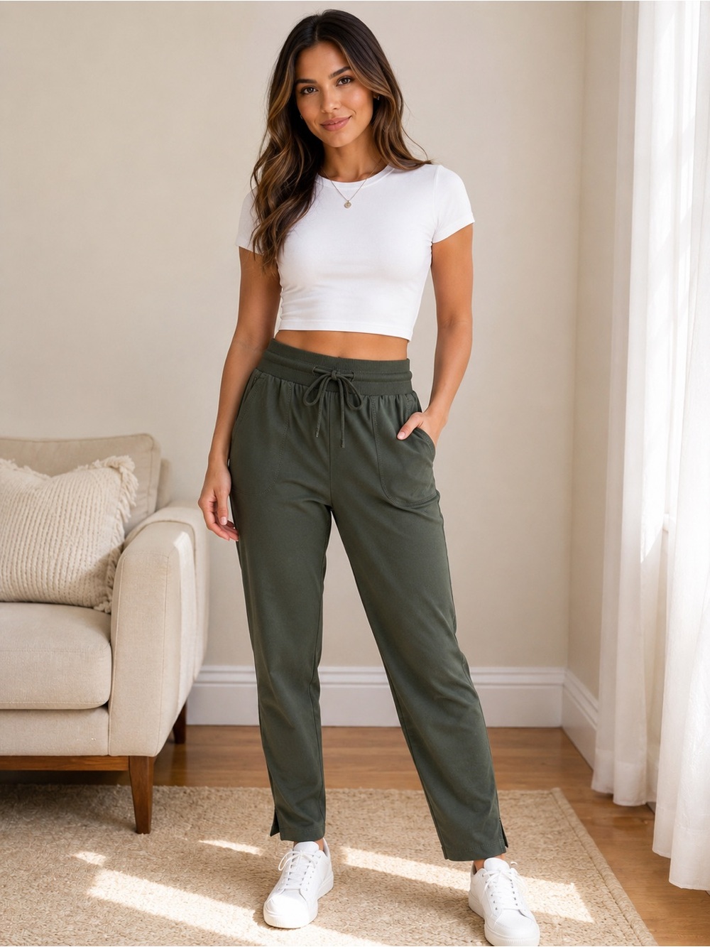 Rachel Zoe Olive Green Drawstring Jogger Pants Med Zip Pocket Stretch Athleisure - Picture 2 of 10